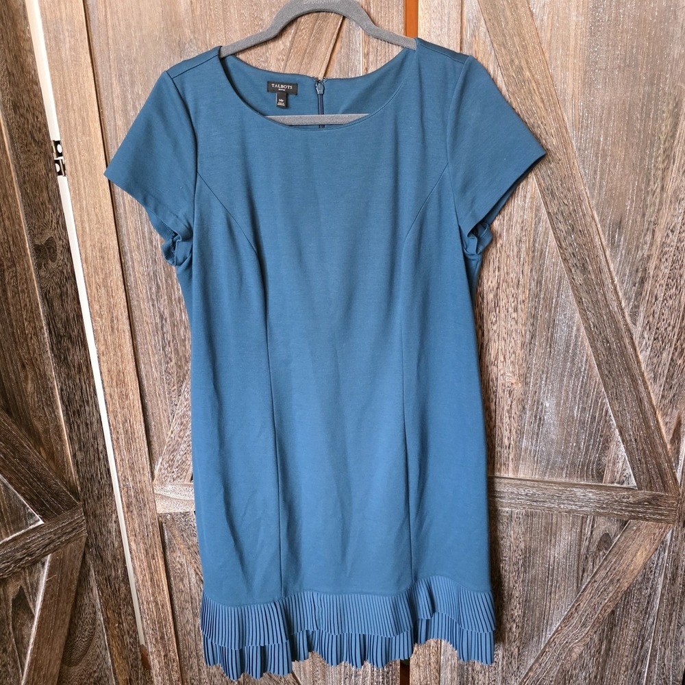 Talbots Dress Women's Size 14 Petite Dark Teal Short Sleeve Sheath Pleated Hem